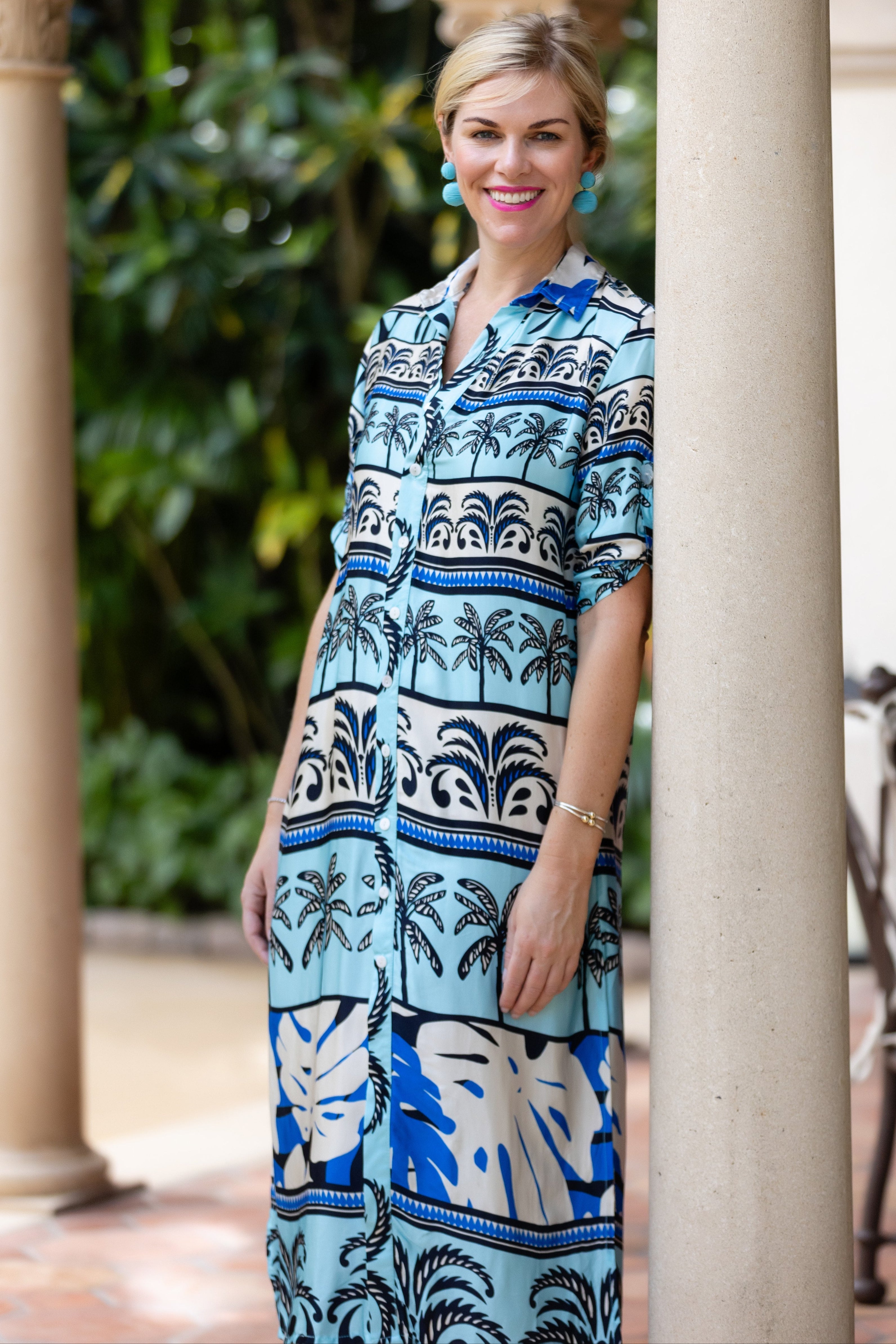 Tulum Dress / Sky Blue Palm Stripe
