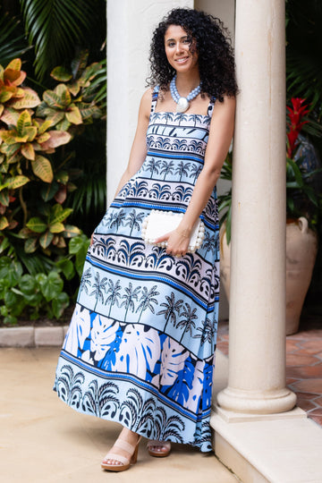 Giselle Dress / Sky Blue Palm Stripe