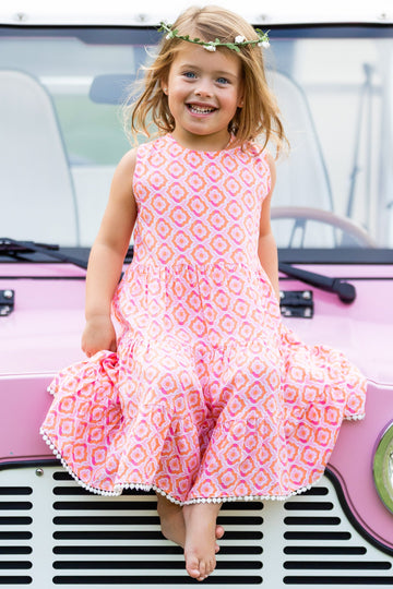 Girl's Bella Dress / Orange & Pink Tiles