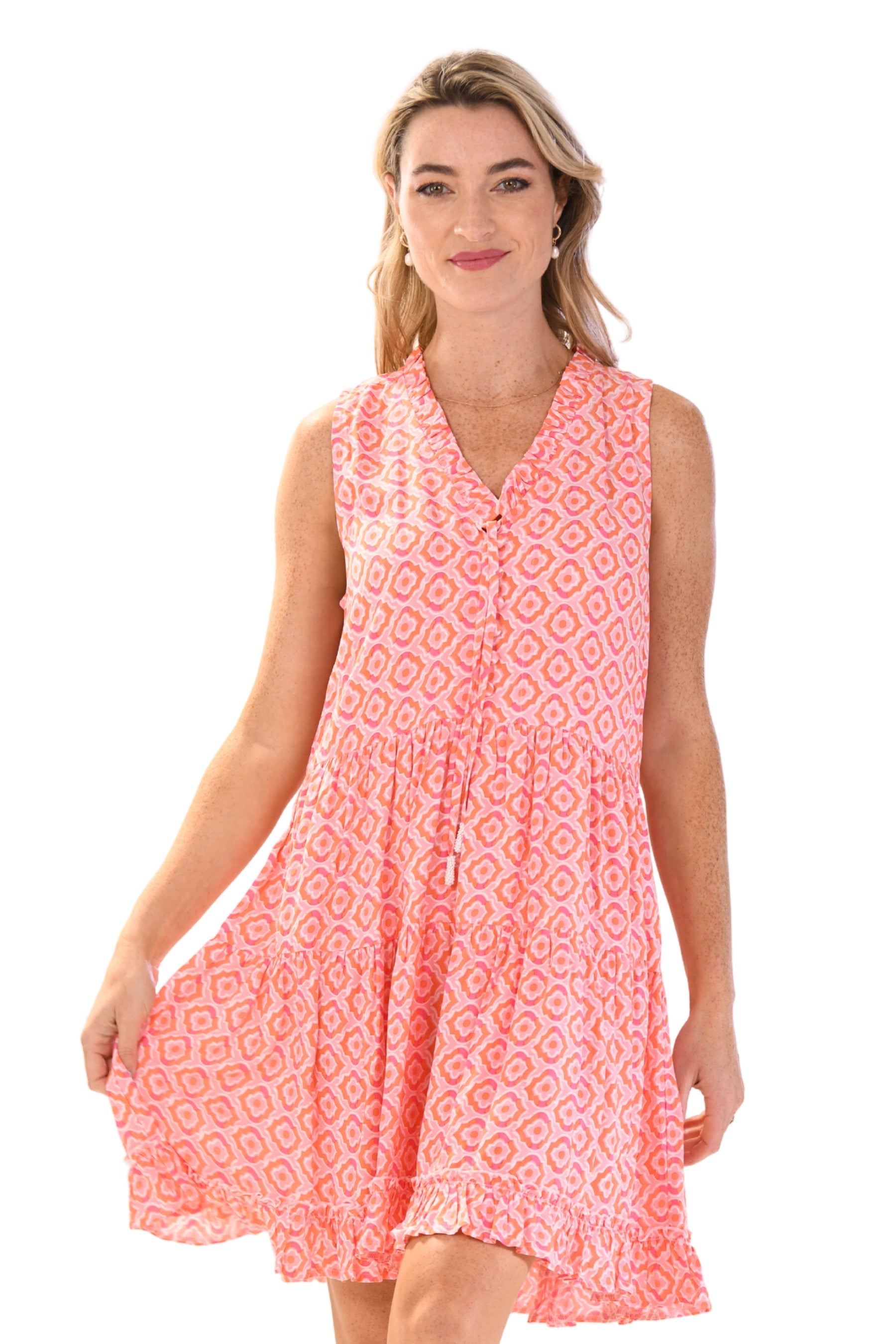 Kaia Dress Short / Orange & Pink Tiles