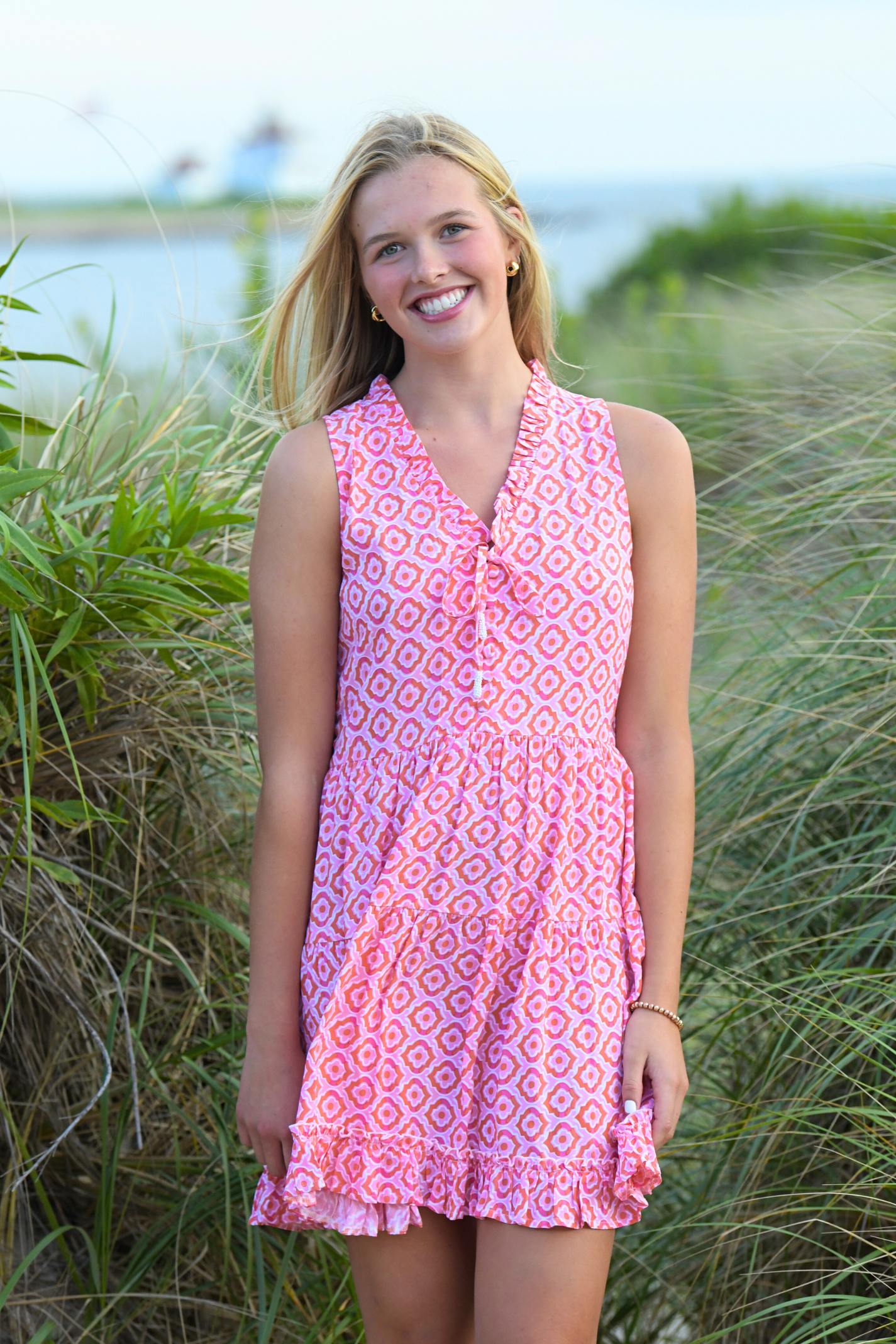 Kaia Dress Short / Orange & Pink Tiles