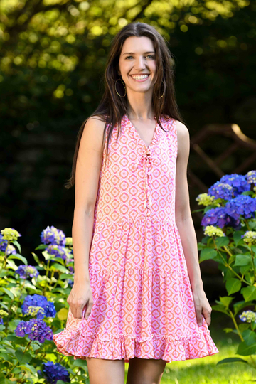 Kaia Dress Short / Orange & Pink Tiles