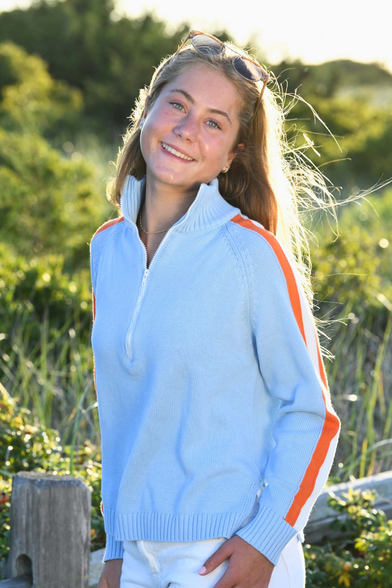 Striped Half Zip Sweater / Sky Blue Orange