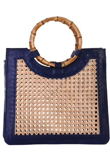 Bamboo Handle Wicker Bag / Navy