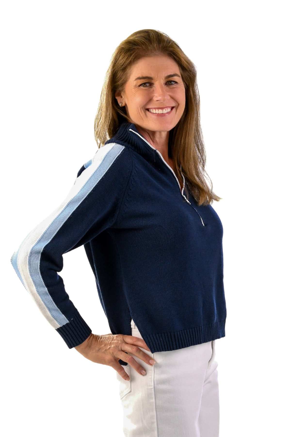 Striped Half Zip Sweater / Navy & Sky Blue