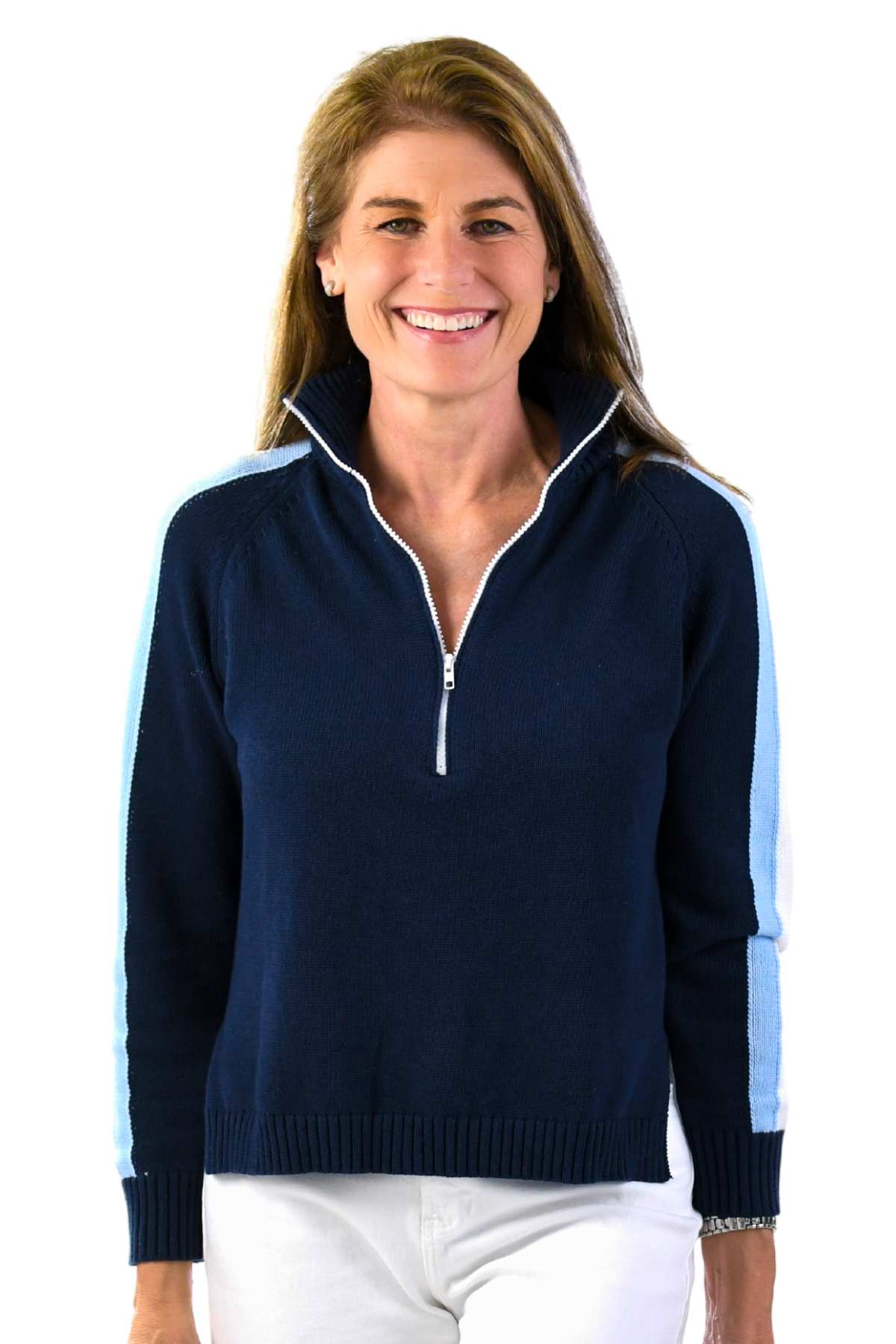 Striped Half Zip Sweater / Navy & Sky Blue